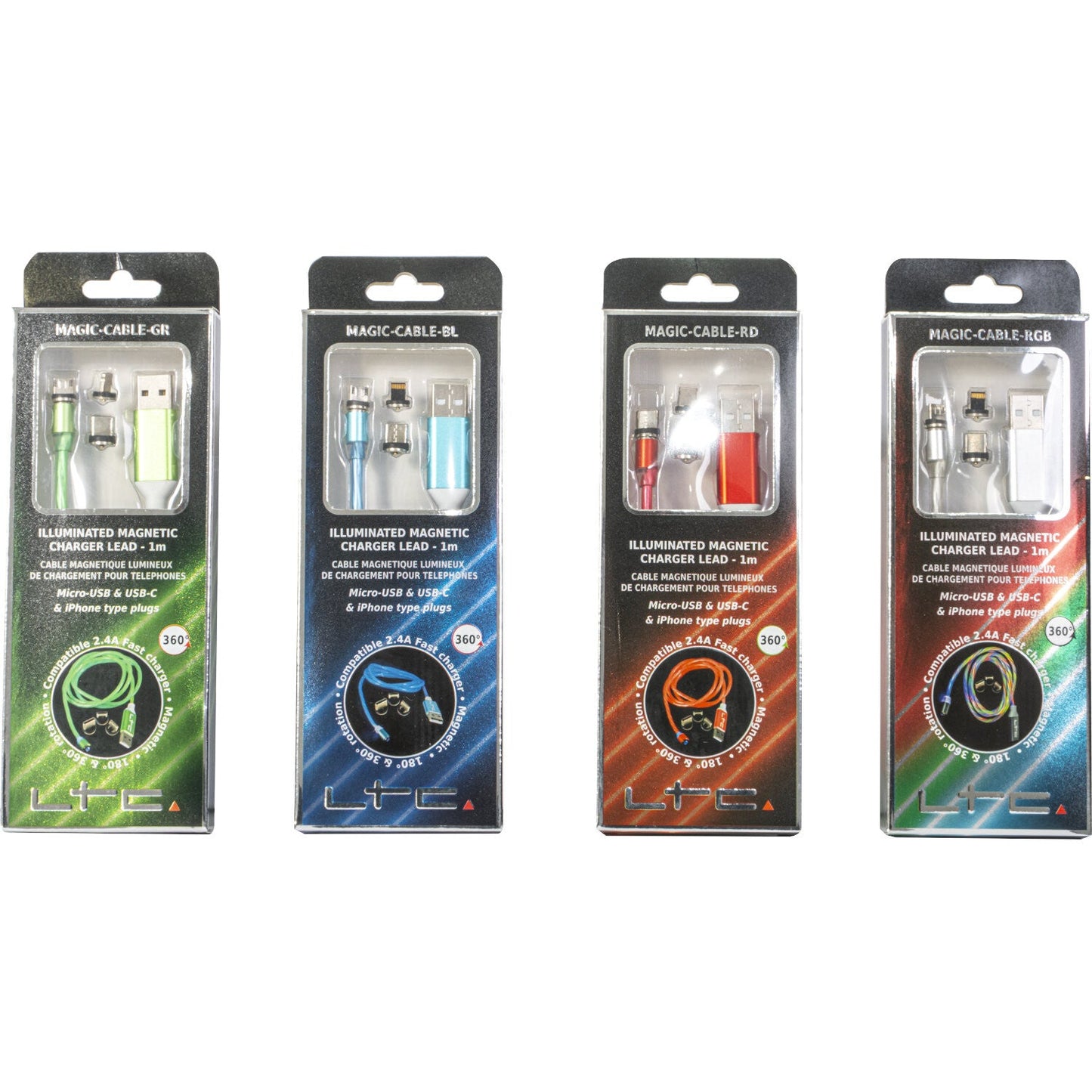 Magic-Cable-RD - Câble de Charge Magnétique multi embout USB micro/USB/Iphone Lumineux Rouge - 1 m