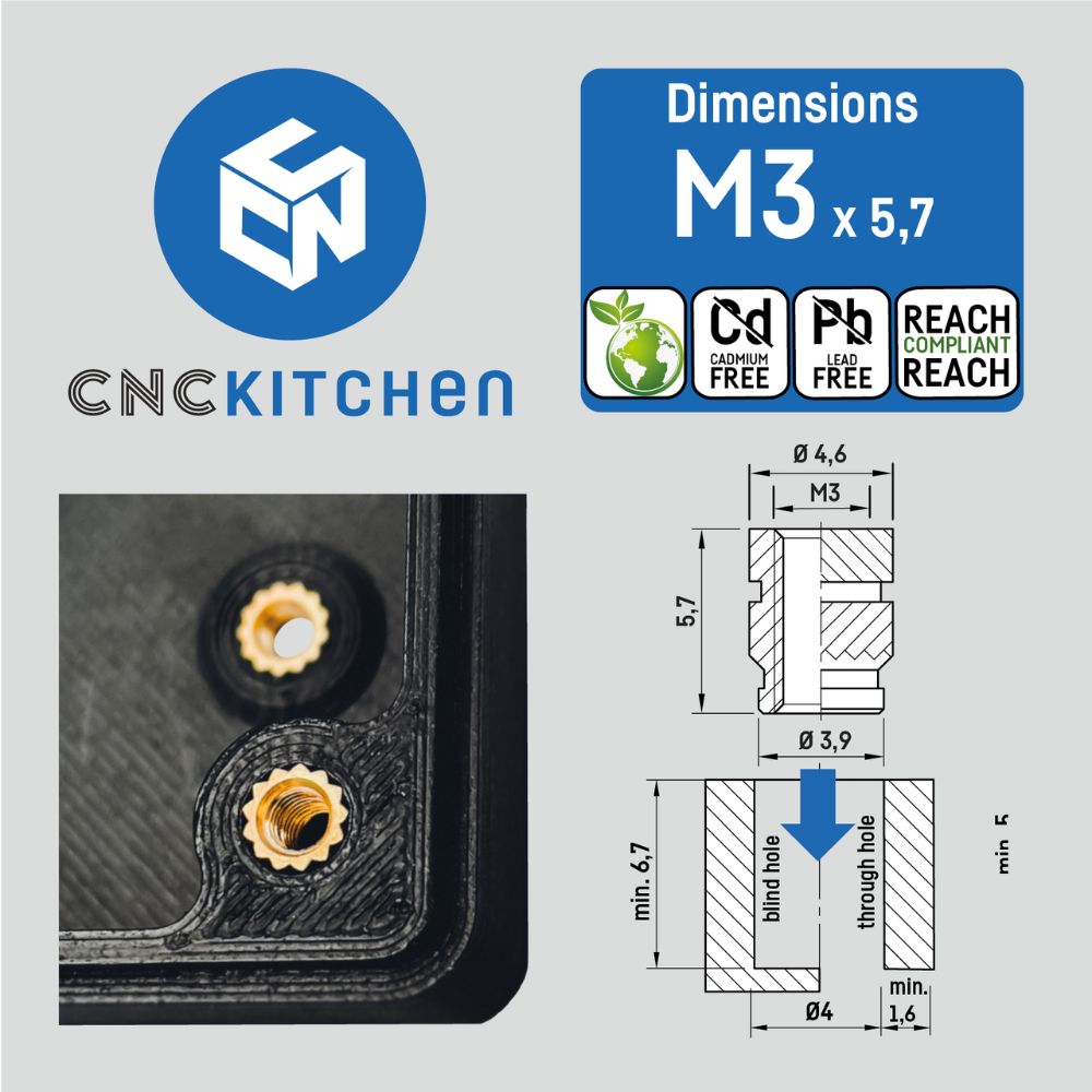 CNC Kitchen - Inserts Filetés M3x5.7 Standard - Lot de 100 pièces