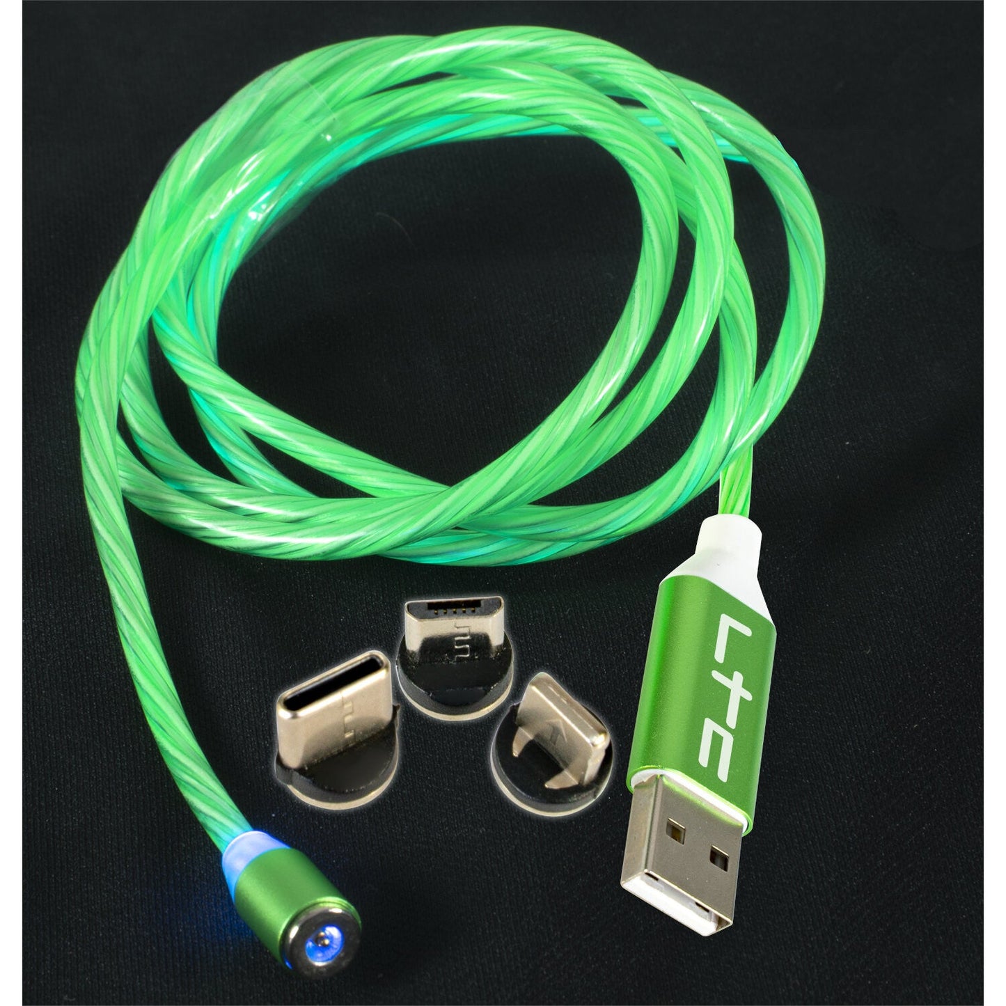 Magic-Cable-GR - Câble de Charge Magnétique multi embout USB micro/USB/Iphone  Lumineux Vert - 1 m