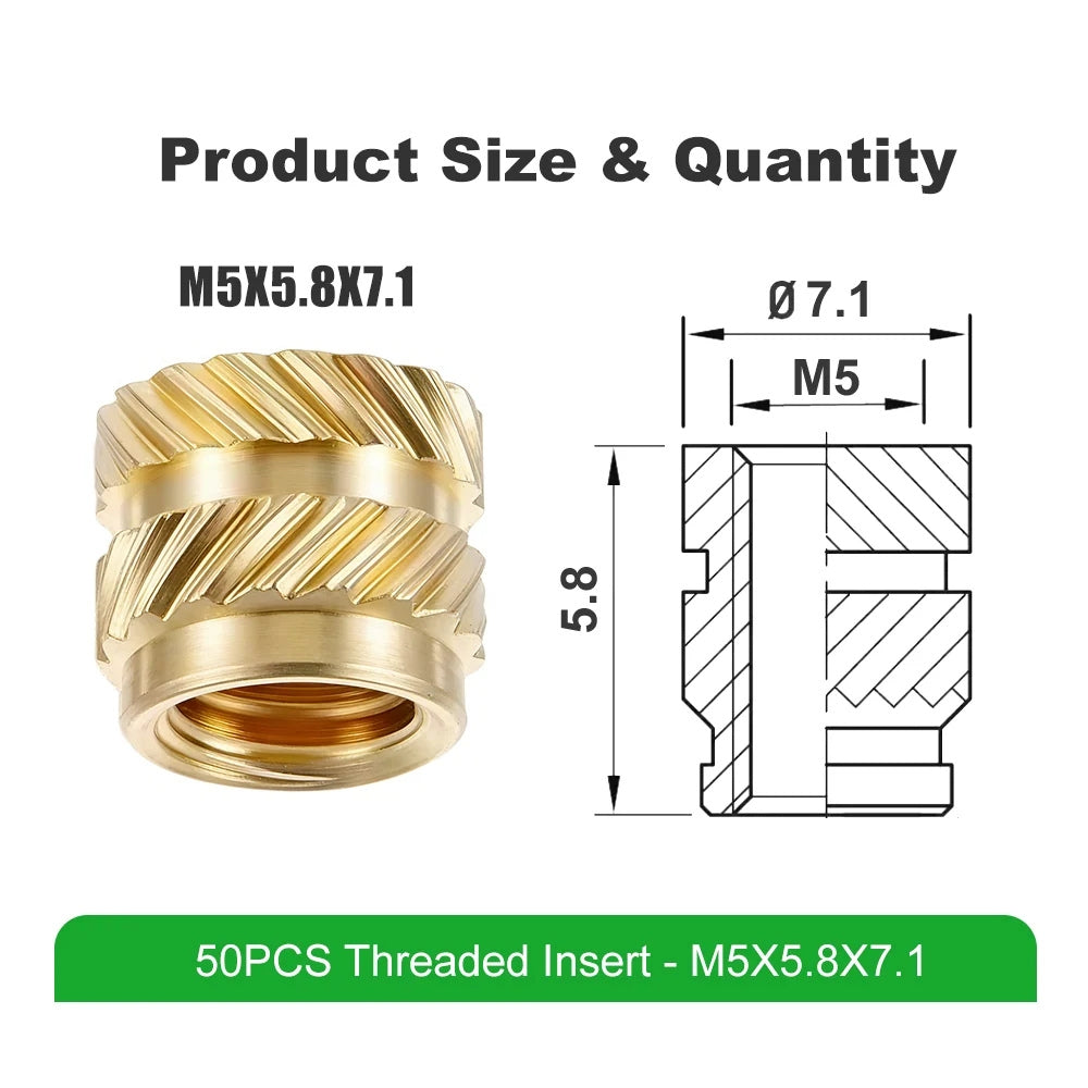 Mintion - Kit d'Inserts Filetés (Threaded Inserts Kit) - M5x5.8x7.1 - 50 pcs - Short