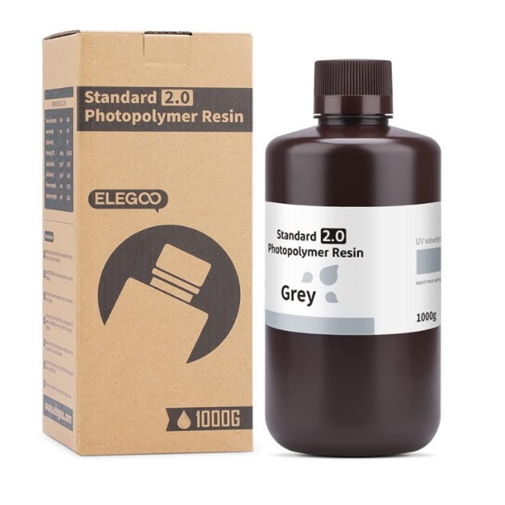 Résine standard 2.0 Elegoo 1kg photopolymère gris et son emballage en carton